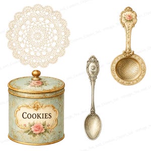 K&ouml;nnte beinhalten: Eine Sammlung von K&uuml;chenartikeln im Vintage-Stil. Enth&auml;lt eine Spitzendecke, eine Keksdose mit der Aufschrift "COOKIES", ein Teesieb und einen L&ouml;ffel. Die Keksdose ist hellblau mit floralen Akzenten. Teesieb und L&ouml;ffel haben Verzierungen.