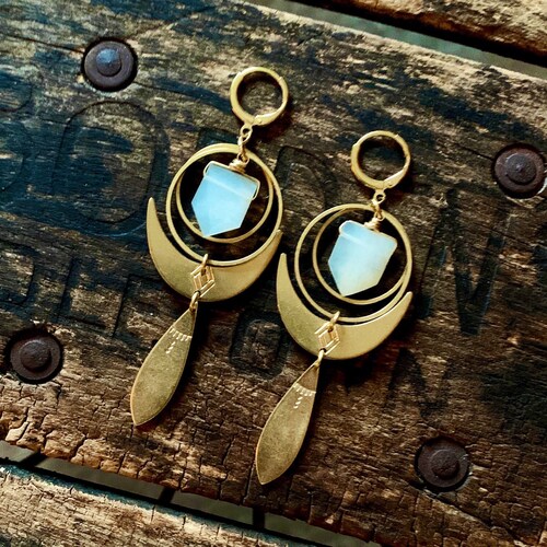 Brass and Moonstone Arrow Moon Earrings with Hammered Brass Charms.  Gold Boho Nickel Free Brass Tribal Gypsy Vintage Celestial Zodiac