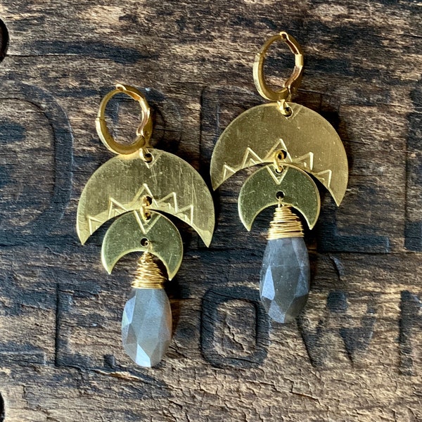 Brass Moon Chocolate Moonstone Boho Earrings. Celestial Sky Night Full Moon Phase Nickel Free Brass Tribal Gypsy Native American Summer Luna