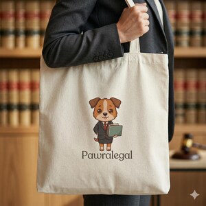Op de afbeelding: Crèmekleurige draagtas met een cartoonhond in een pak die boeken vasthoudt. De hond heeft bruin en wit haar en draagt een zwart pak en een rode stropdas. De tekst "Pawralegal" staat eronder gedrukt.
