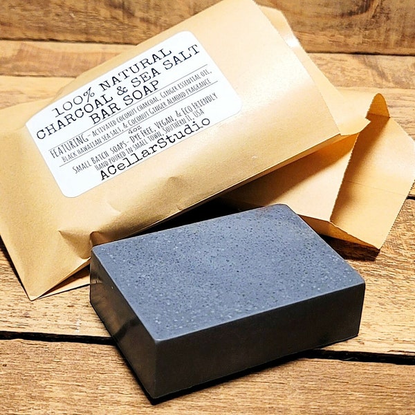 All Natural Exfoliating Activated Coconut Charcoal & Black Hawaiian Sea Salt Shea Butter Bar Soap-Zero Plastic Free-Men's/Woman's