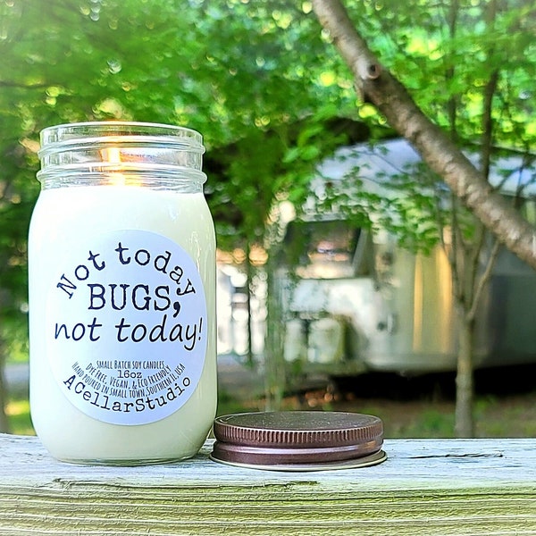 Funny Soy Candle"Not today bugs, not today!"Citronella/Lemongrass/Rosemary/Cedarwood Scented Bug Repellent Mason Jar Candle-Gift for Campers