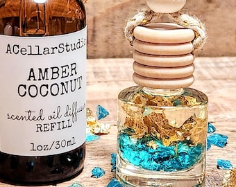 Car Oil Diffuser - Car Air Freshener - Teal Glass & Gold Flakes Hanging Scented Oil Diffusers - New Car Gift Accessory - Refills Available