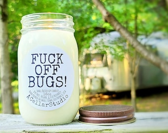 Funny Soy Candle"F*UCK OFF BUGS!"Citronella/Orange/Lemongrass/Rosemary/Cedarwood Scented Bug Repellent Mason Jar Candle-Gift for Campers!