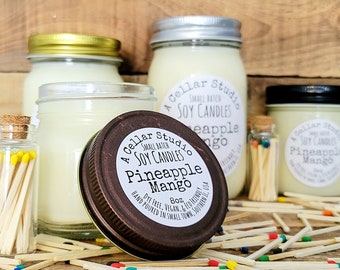 Soy Candles/Wax Melts,PINEAPPLE MANGO,Hand Poured Small Batch Fruity/Tropical Scented Mason Jar,Dye Free,Vegan-Great Gift!16oz,12oz, 8oz&6oz