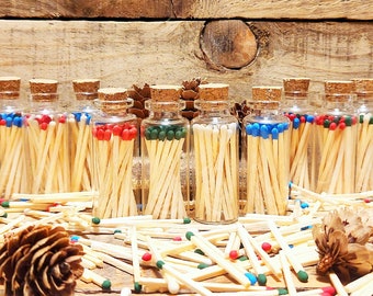 Bottled Matches-Holiday/Christmas Colors/Colored Tip Matches-Glass Apothecary Jar with Cork-Safty Matches-Fancy Matches-Striker on bottom