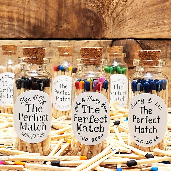 Personalized Wedding Bottled Matches-The Perfect Match-Colored Tips-Glass Apothecary Jar w/Cork-Fancy Matches-Rainbow/Color Choices