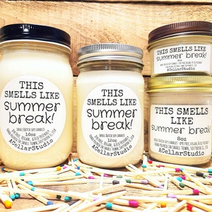 Funny Soy Candles "This smells like summer break!" Scented Mason Jar Candle, Vegan, Eco Friendly,Prefect End of the year Gift for Teachers!
