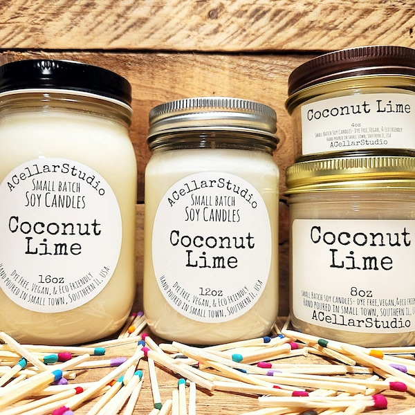 COCONUT LIME Soy Candle, Hand Poured Small Batch Tropical/Citrus Scented Mason Jar Candle, Dye Free, Vegan-Great Gift! 16oz,12oz, 8oz, & 4oz