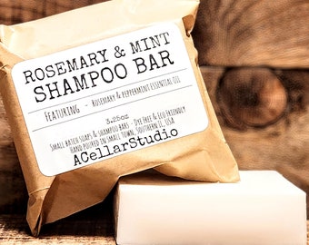 ROSEMARY & MINT Shampoo Bar - Dye  / Scent Free, Eco Friendly Packaging, Rosemary/Mint essential oil,Large 3.25oz Size,Gift,Stocking Stuffer