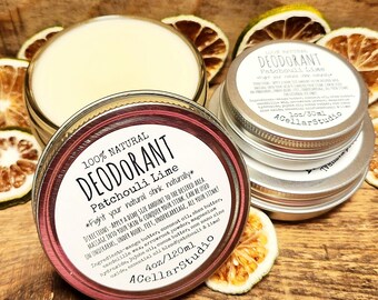 May include: A 4 ounce (120 ml) tin of natural deodorant with a label that reads "100% Natural Deodorant Patchouli Lime *Fight your natural stink naturally* Directions: Apply a dime size amount to the desired area. Massage into your skin & conquer your stink. Can be used on underarms, under boobs, feet, undercarriage, all your stink! Ingredients: mango butter, coconut oil, shea butter, candelille wax, arrowroot powder, magnesium hydroxide, jojoba oil, cocoa butter, non nano zinc oxide, essential oil blend patchouli & lime! 4oz/120ml ACellarStudio"