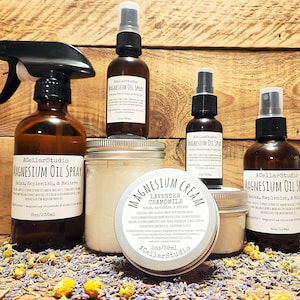 Magnesium Self Care Set, Transdermal Topical Magnesium Oil & Cream,Unscented,Lavender,Chamomile Essential Oils,  1oz-12oz sizes available
