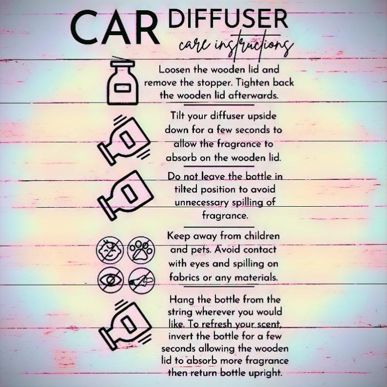 K&ouml;nnte beinhalten: Anleitung f&uuml;r einen Auto-Diffusor, mit dem Text "CAR DIFFUSER care instructions". Das Bild zeigt Anwendungsschritte, einschlie&szlig;lich des Kippens der Flasche und des Vermeidens von Kontakt mit Augen und Haustieren.