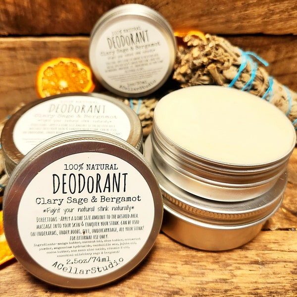 Natural Deodorant, CLARY SAGE/BERGAMOT Aluminum Free,No Plastic/Baking Soda,Men's/Women's Full Body Cream/Balm Deodorant,Essential Oil,Vegan