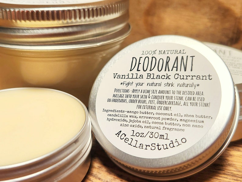 Desodorante natural, sin aluminio, sin plástico ni bicarbonato de sodio, bálsamo/crema corporal sin residuos, sabor a grosella negra y vainilla, sin fragancia, vegano imagen 1