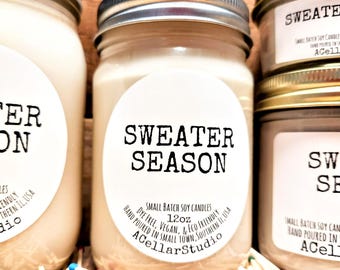 SWEATER SEASON - Soy Candle, Gift Candle, Small Batch Winter/Fall Scented Mason Jar Candle, Dye Free, Vegan-Great Gift! 16oz,12oz,8oz,&4oz