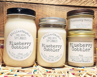 Blueberry Cobbler Soy Candle, Hand Poured Small Batch Bakery Scented Mason Jar Candle, Dye Free, Vegan-Great Gift! 16oz,12oz, 8oz, & 4oz