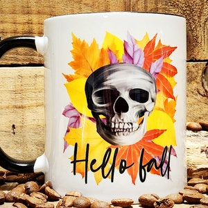 Coffee Mug &quot;Hello Fall&quot; Skull & Fall Leaves Coffee Cup-Gift for Friend/Wife/Fall Lover/Coffee Lover-Printed on both sides! 11oz or 15oz Size