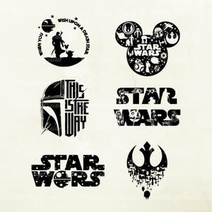 Könnte beinhalten: Eine Sammlung von schwarz-weißen Star Wars-Grafiken. Zu den Designs gehören das Star Wars-Logo, ein Mandalorianer-Helm mit dem Text "This is the Way" und ein Mickey Mouse-Kopf mit Star Wars-Charakteren.