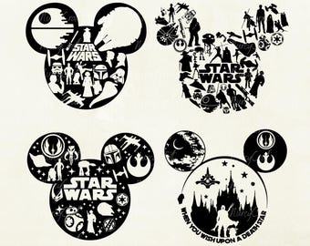 4 スターウォーズ SVG バンドル、スターウォーズ SVG、ミッキーヘッド スターウォーズ SVG、スターウォーズ シャツ デザイン SVG、ビニール カッティング ファイル、SVG、PDF、JPG、Png、AI