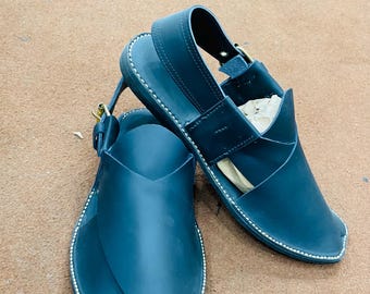 Blue Leather Sandals, Handmade Peshawari Chappal, Traditional Leather Blue Blue Leather Sandals, Handmade Peshawari Chappal  main image 4
