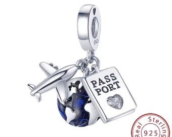 Travel Charm , Fits European Bracelet, Genuine 925 sterling silver and CZ , Travel Lover Pendant , Airplane, Globe & Postcard Dangle Charm