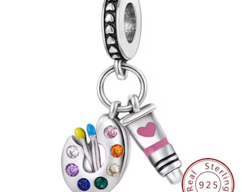 Artist Palette Dangle Charm , Genuine Sterling Silver & CZ , Colorful Paint Palette and Brush Pendant