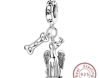 Angel Dog Charm , Fits European Bracelet, Genuine 925 sterling silver & CZ , Winged Puppy Dangle with Bone , Pet Memorial Charm