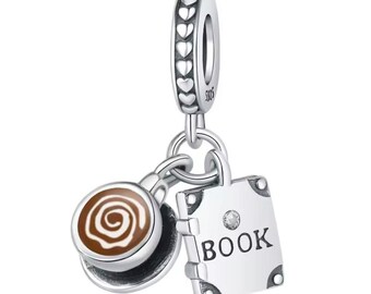 コーヒーカップ＆ブックチャーム、ヨーロピアンブレスレットにフィット、S925スターリングシルバーとCZ、「A Word Is Power」ダングルチャーム