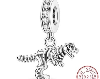 T-Rex Dinosaur Skeleton Charm, Fits European Bracelet, Genuine 925 sterling silver & CZ , Fierce Tyrannosaurus Pendant