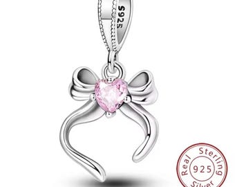 Heart Bow Bead Fits Pandora Charm Bracelet, Pink Crystal Ribbon 