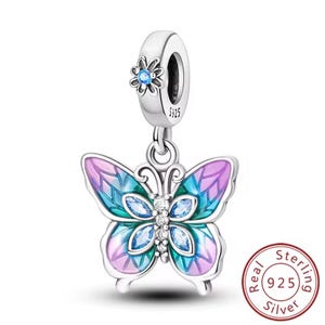 Dije de mariposa pastel, compatible con pulseras europeas, auténtica plata de ley 925 y circonita cúbica, colgante de esmalte azul púrpura, regalo para amantes de los animales.