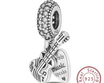 Guitar Charm with Music Heart Pendant ,  Fits European Bracelet , S925 Sterling Silver & CZ , Music Lover Gift