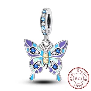 Dije de mariposa azul y violeta, compatible con pulseras europeas, auténtica plata de ley 925 y circonita cúbica, colgante de esmalte, regalo para amantes de los animales.