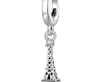Eiffel Tower Claps Charm , Fits European Bracelet, Genuine 925 sterling silver & CZ