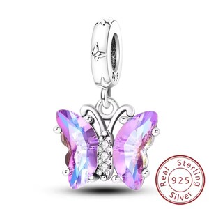 Dije de mariposa de cristal morado, compatible con pulseras europeas, auténtica plata de ley 925 y circonita cúbica, regalo para amantes de los animales.