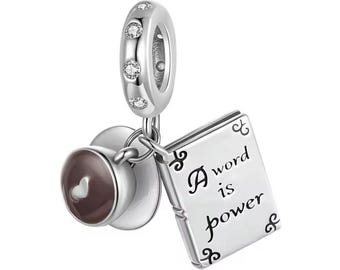 コーヒーカップ＆ブックチャーム、ヨーロピアンブレスレットにフィット、S925スターリングシルバーとCZ、「A Word Is Power」ダングルチャーム