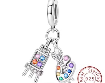 Artist Palette Dangle Charm , Genuine Sterling Silver & CZ , Colorful Paint Palette and Brush Pendant