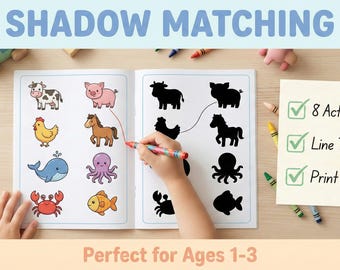 Livro de atividades imprimível para combinar sombras | Folhas de atividades com animais para crianças pequenas | Pasta de atividades para aprendizagem pré-escolar