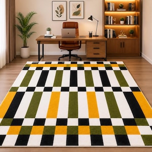 Hand tufted Wool Area rug, Modern Design White  yellow multi rug ,Handmade Living room , Bedroom Carpet,Custom Size, Home Decor