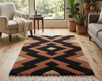 Hand Tufted NZ Wool Area Rug, Rust and Black Geometric Design