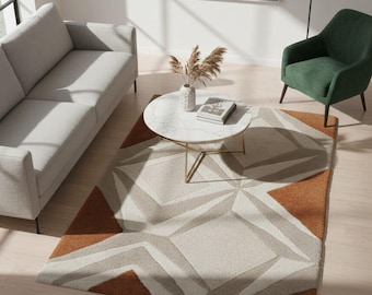 Hand Tufted Wool Area Rug, Orange Grey Geometric, Modern Linear Carpet