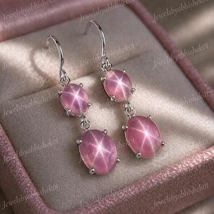 Pink Star Sapphire Dangle Drop Earrings – Sterling Silver Six Rays Prong Setting