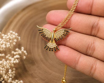 Golden Phoenix Pendant With Black Onyx Gemstone, 925 Sterling Silver, Gift Necklace, Handmade Jewelry