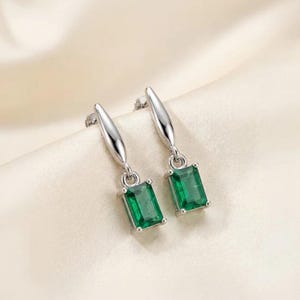 Lab Emerald Rectangle Earrings, 925 Sterling Silver, May Birthstone Gift