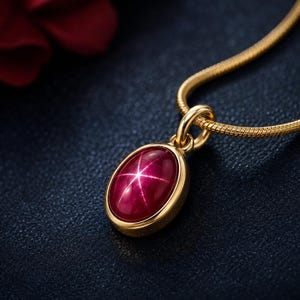 May include: A gold pendant necklace featuring an oval-shaped deep red star ruby gemstone. The cabochon stone displays a distinct six-rayed star pattern on its surface. The pendant is suspended from a thin, flexible gold snake chain necklace.
