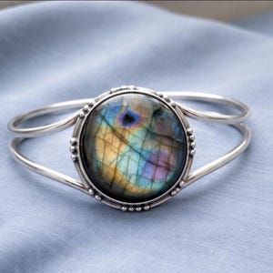 Natural Labradorite Round Cabochon Open Cuff Bangle - Split Band Adjustable Bracelet - 925 Sterling Silver - Handcrafted Item For Gift