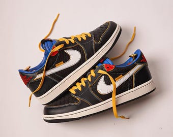 Handgemaakte AJ1 Low Union Noir Luxe, handgemaakte sneakers, schoenenmaker, gepersonaliseerde sneakers, kerstcadeau.