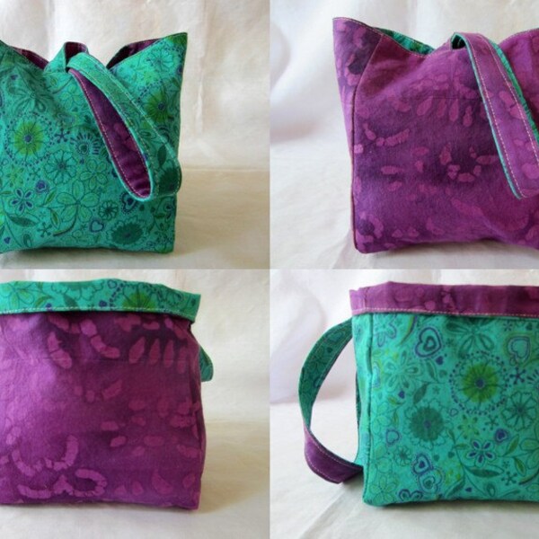 Knitting Project Bag/Crochet Project Bag (reversible wristlet) in purple batik and green