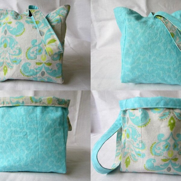 Knitting Project Bag/Crochet Project Bag (reversible wristlet) in turquoise with yellow/gray accents